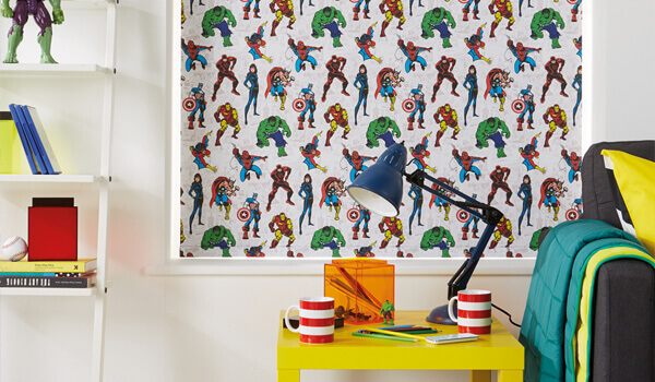 comic style printed blinds in child's bedroom
