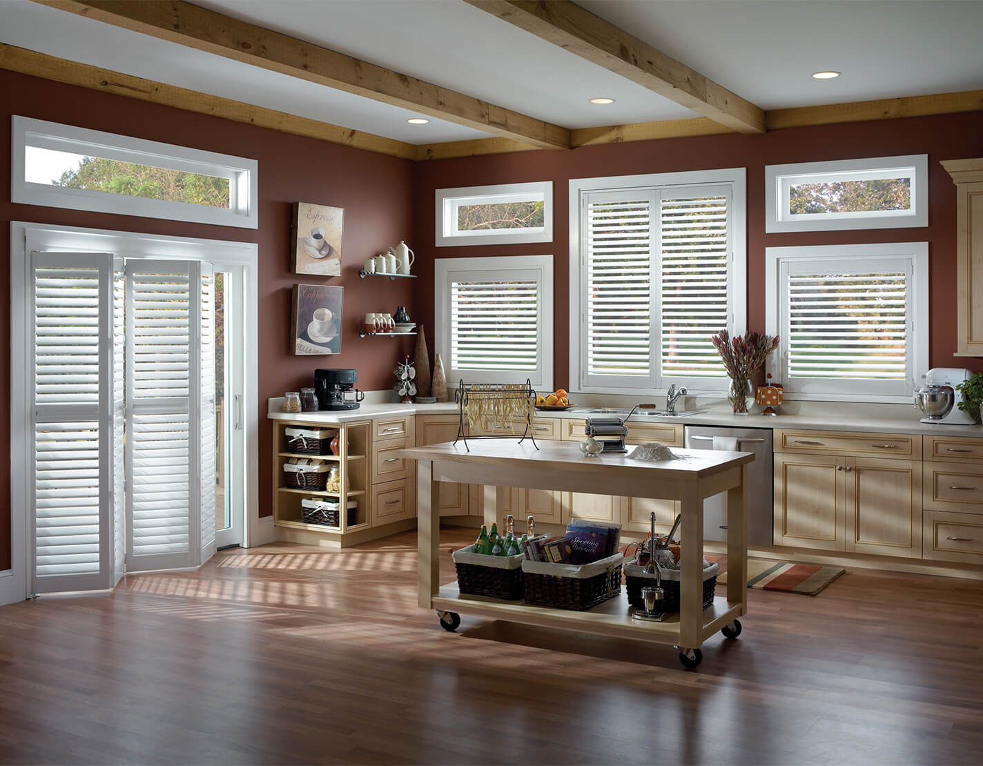 white plantation window shutters in brown walled kitchen