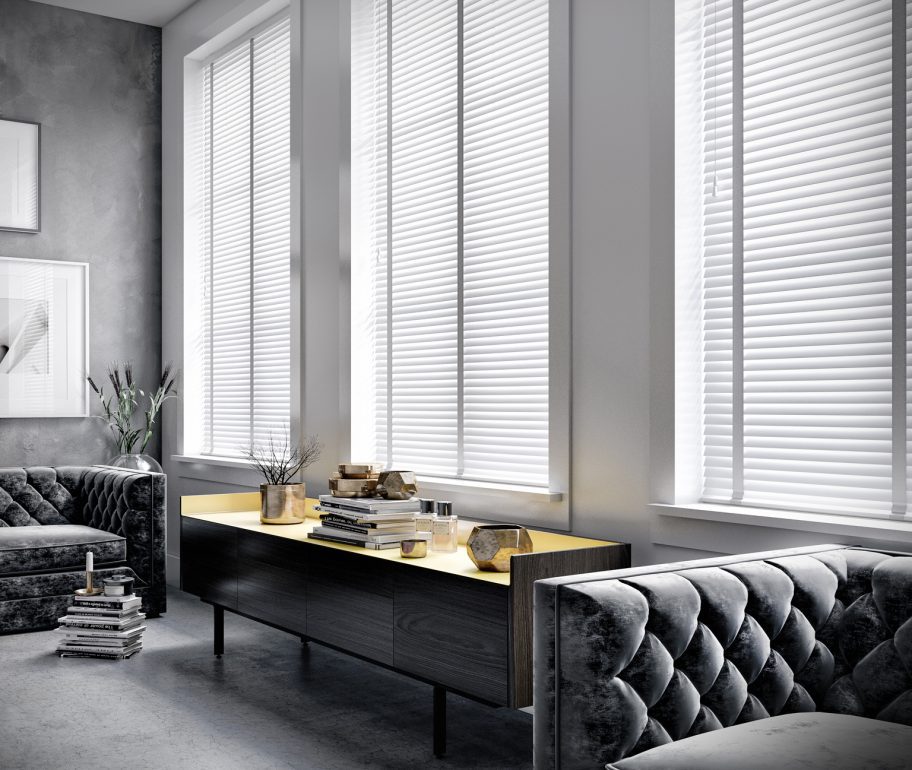 Grey wooden blinds in living room