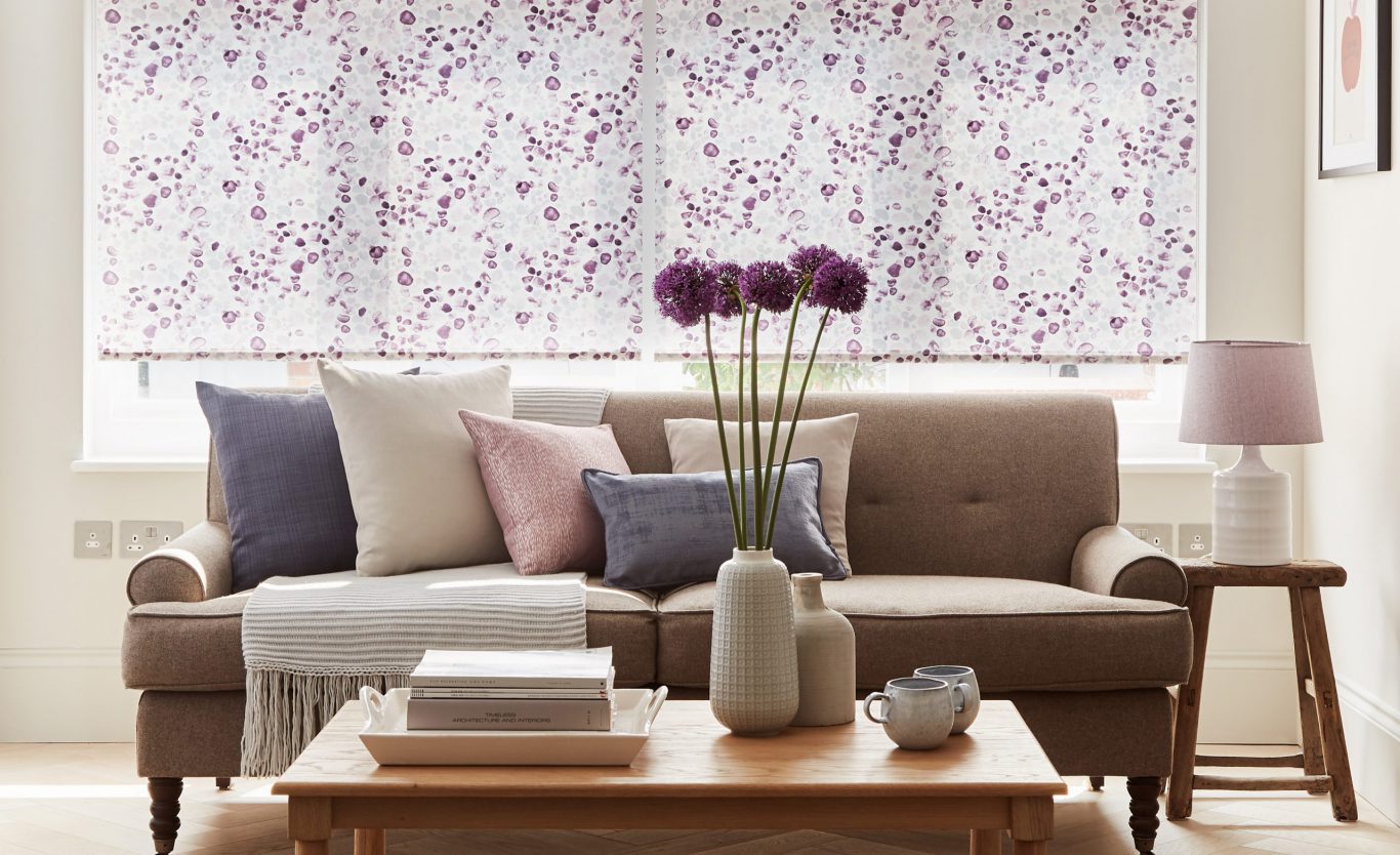 Patterned printed blinds in a living room