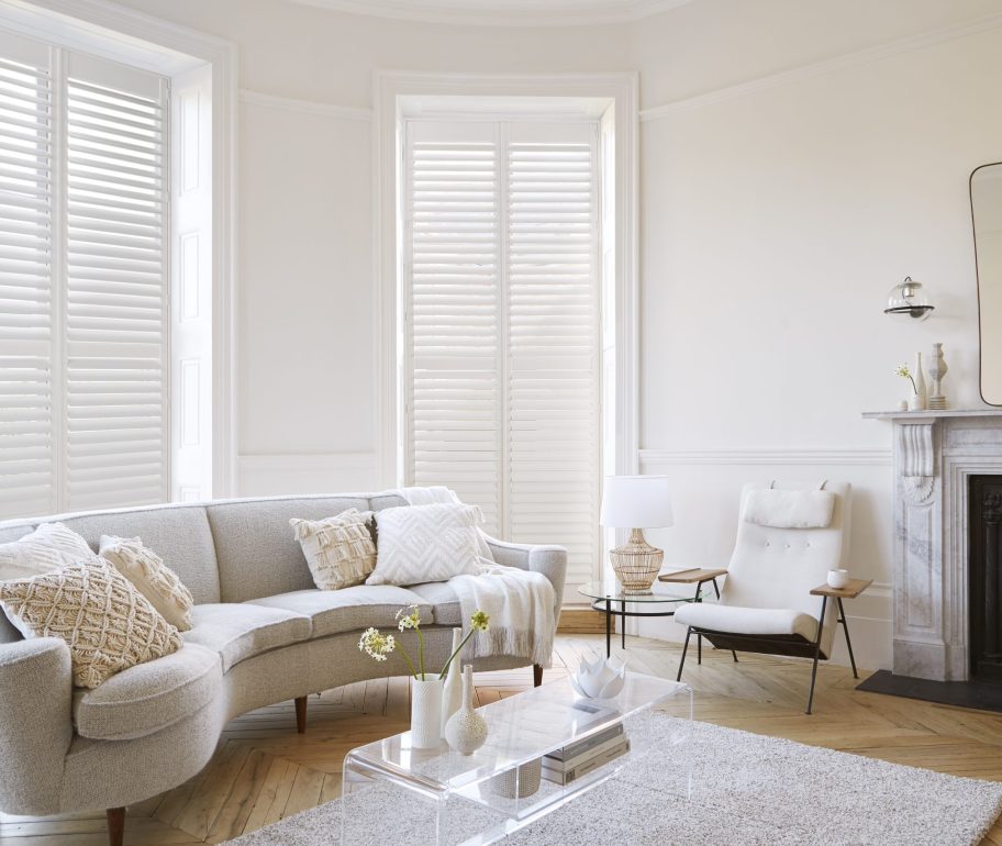 White living room plantation shutters