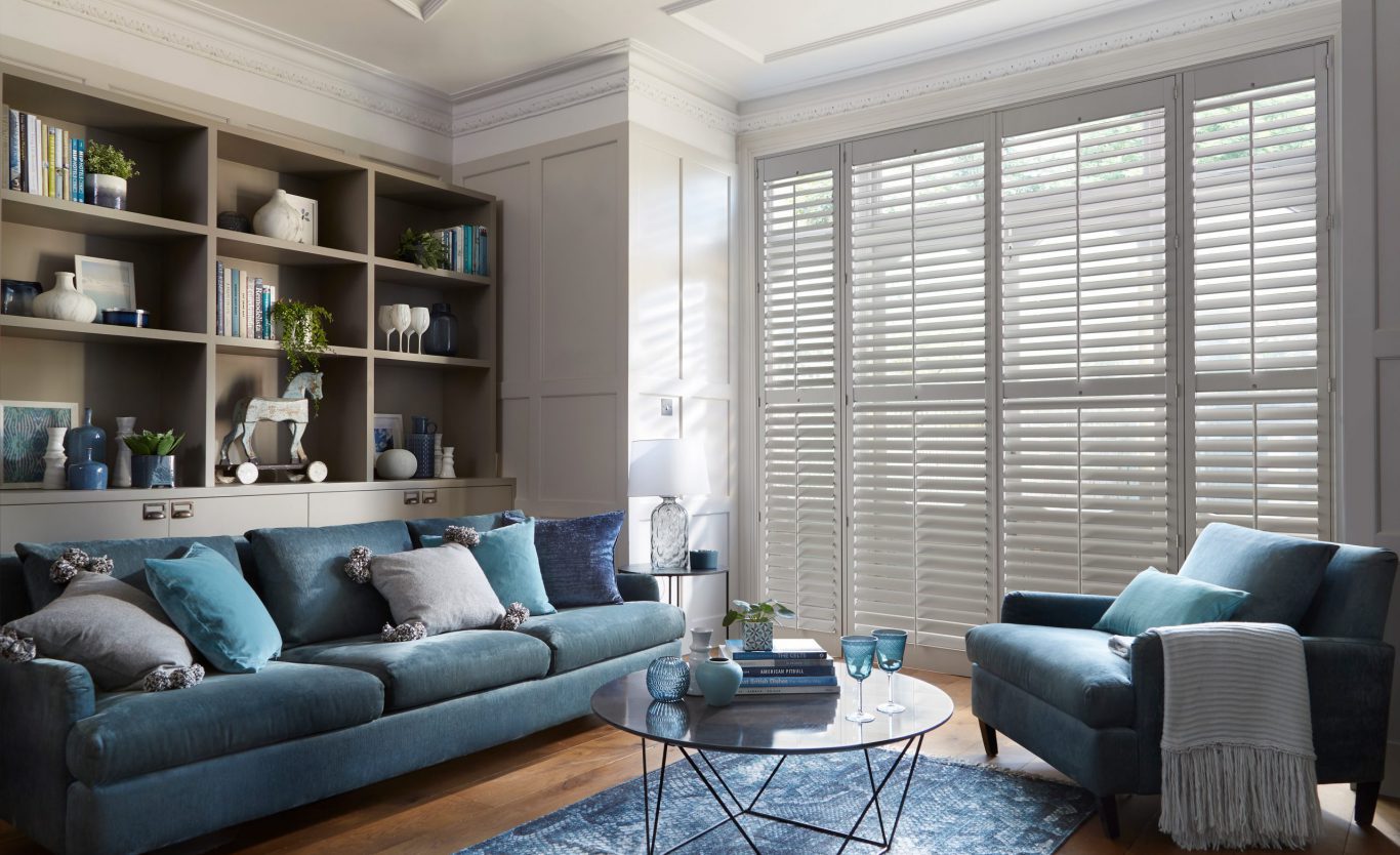 Full height plantation shutters in living room