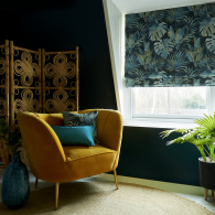 Patterned blackout roman blinds in living room