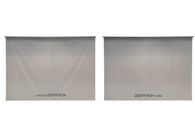 Side by side comparison of a sagging standard roller blind, and a smooth zero deflection blind
