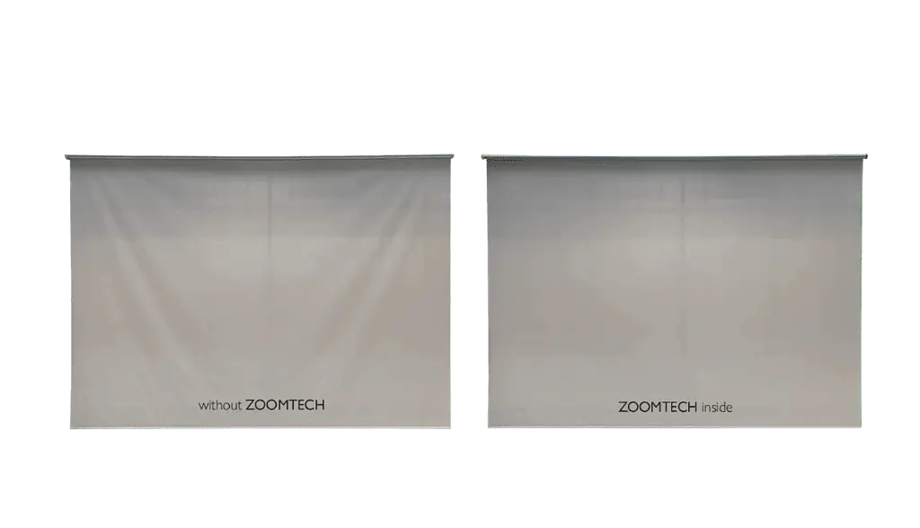 Side by side comparison of a sagging standard roller blind, and a smooth zero deflection blind