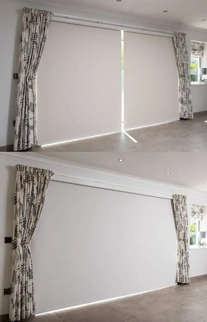 Comparison of a window using two small roller blinds with light showing through the middle, and a window using one zero deflection blind