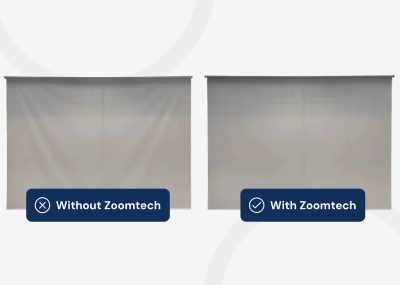 Side by side comparison of standard roller blinds (showing creases) and zero deflection blinds (smooth finish)