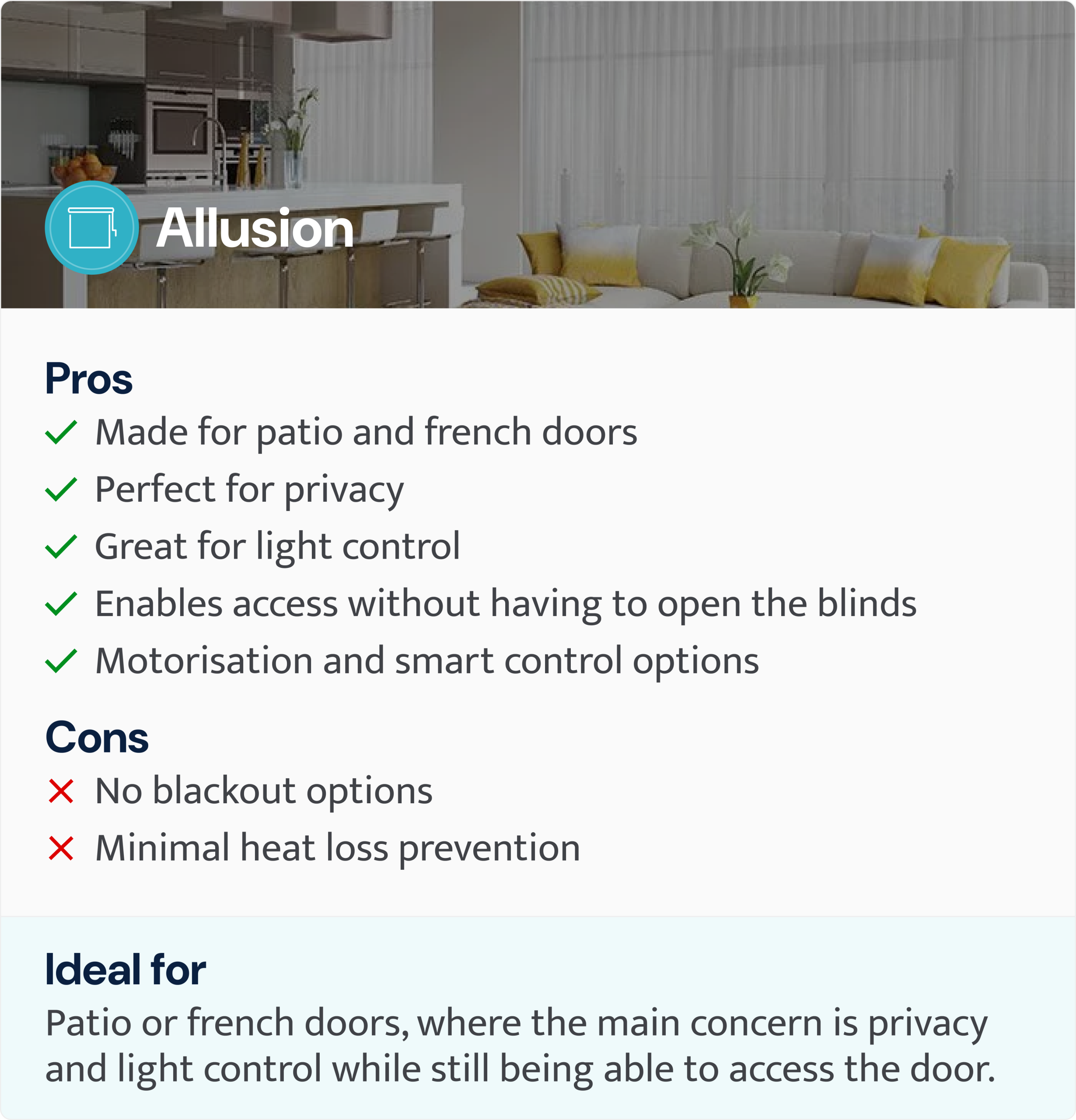 infographic of pros and cons for allusion blinds for sliding glass doors