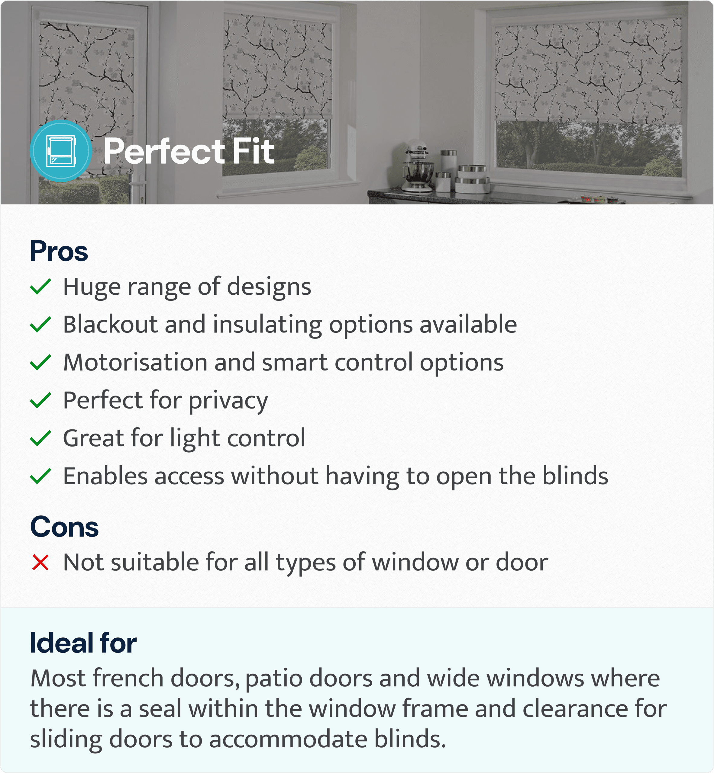 infographic of pros and cons for perfect fit blinds for sliding glass doors