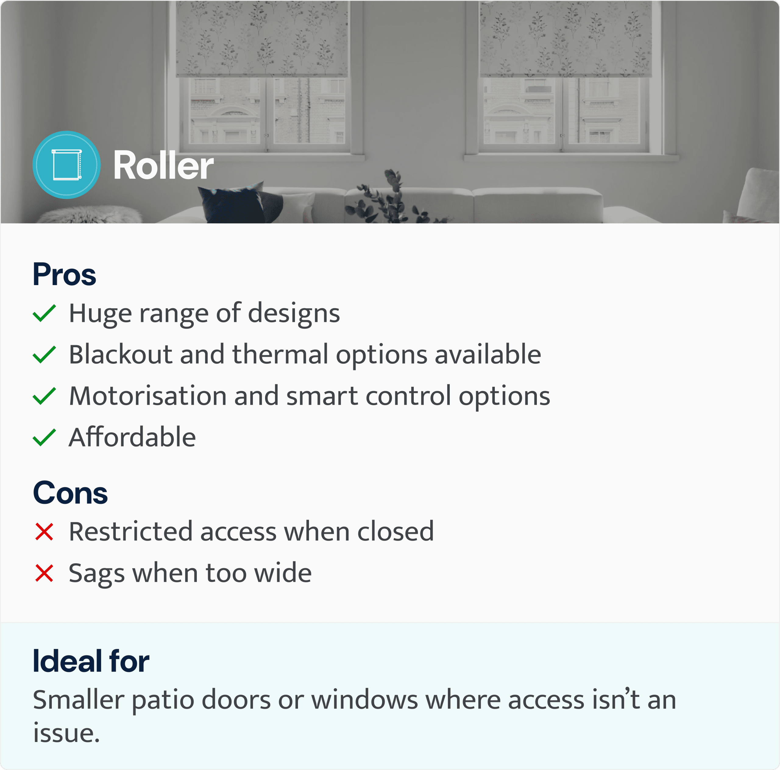 infographic of pros and cons for roller blinds for sliding glass doors