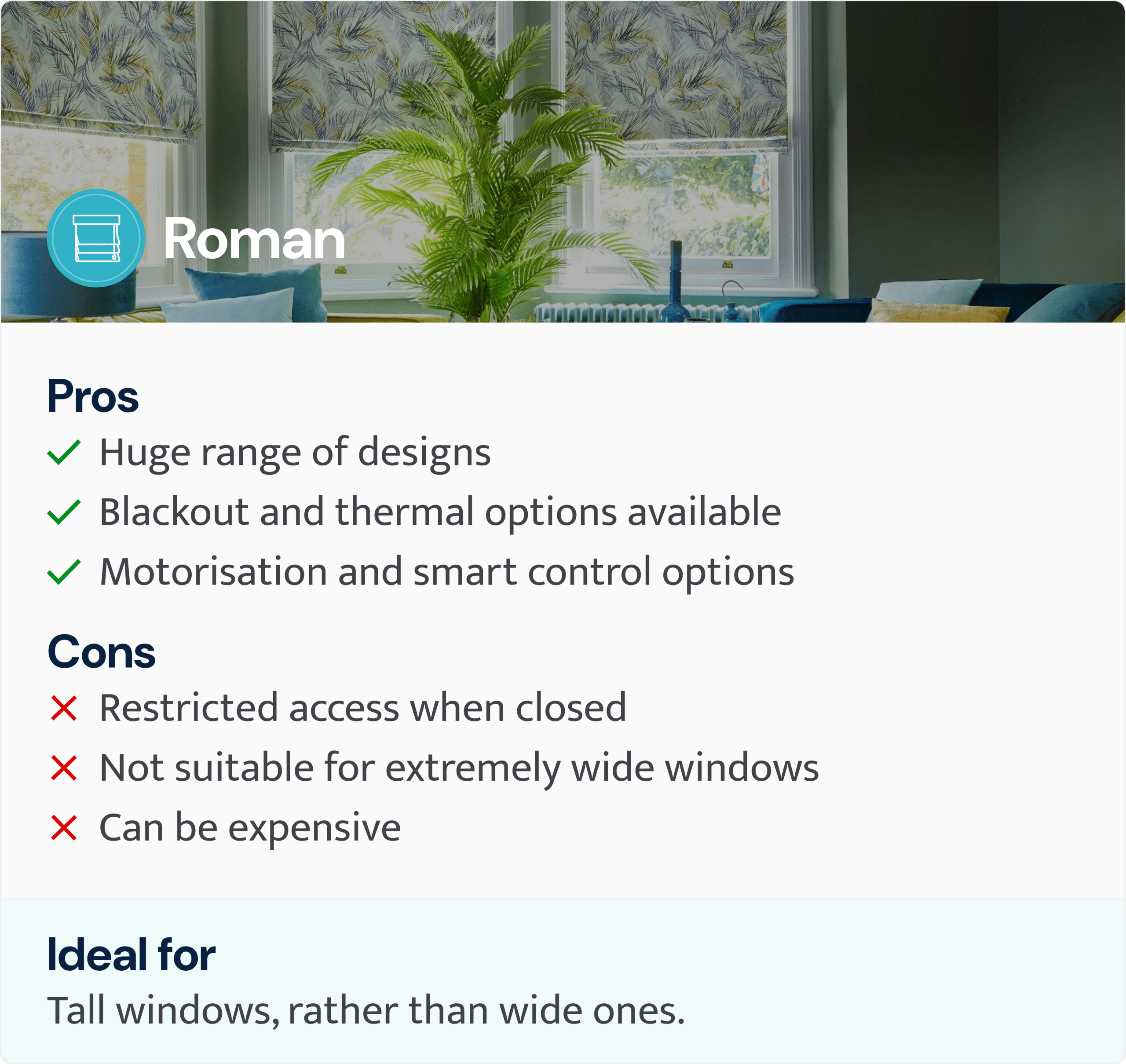 infographic of pros and cons for roman blinds for sliding glass doors