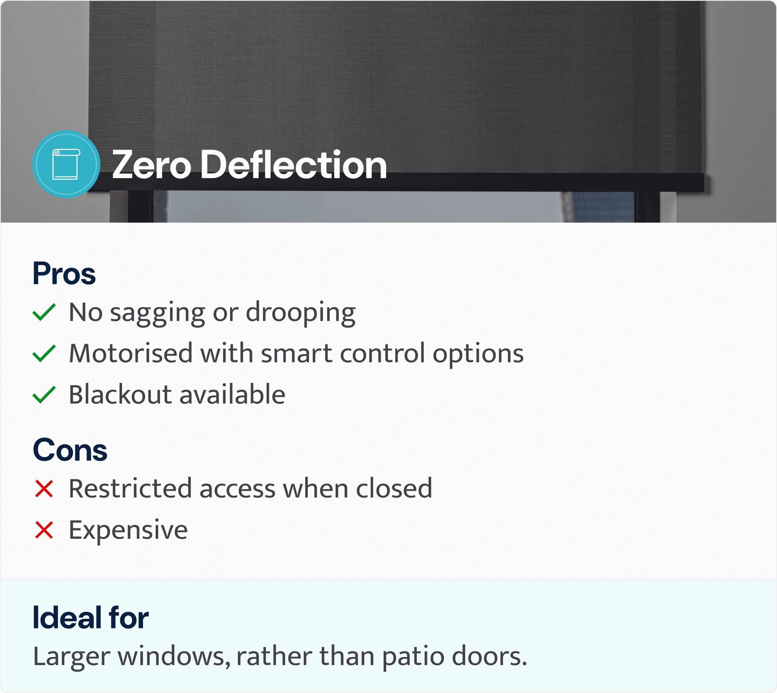 infographic of pros and cons for zero deflection blinds for sliding glass doors